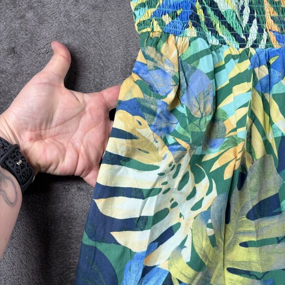 Tropical Maxi Dress One Shoulder Pockets Tiered Smocked Green Blue XXXL 22 C163 - Picture 4 of 10